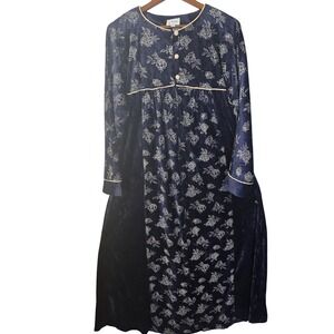 Vintage Chiha Womens 2X Velvet Blue Floral Maxi Robe Long Sleeve Button zip